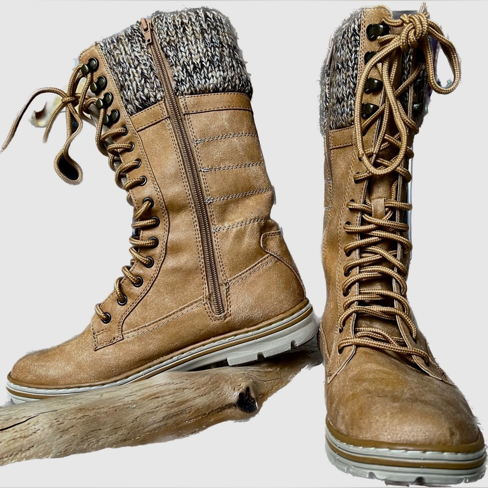 Tall lace up zip up hiking boot. Size 8 1/2. Color: WHEAT